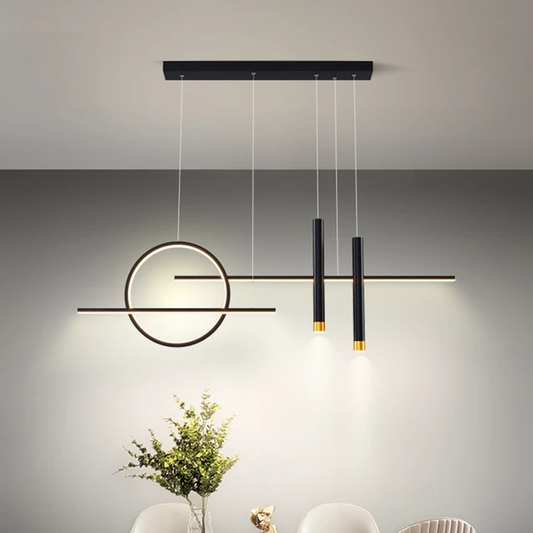 Swanart modern LED pendant light with black and gold finish, linear ring chandelier hanging over dining or living room.