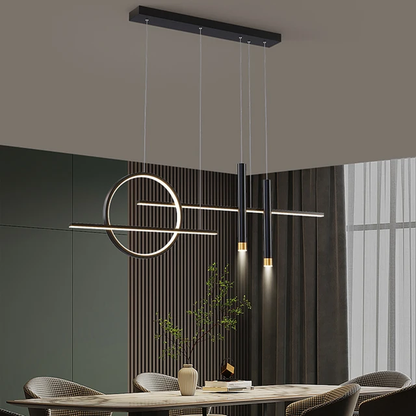 Swanart modern black and gold LED pendant light with linear ring design hanging above a dining table, warm white illumination.