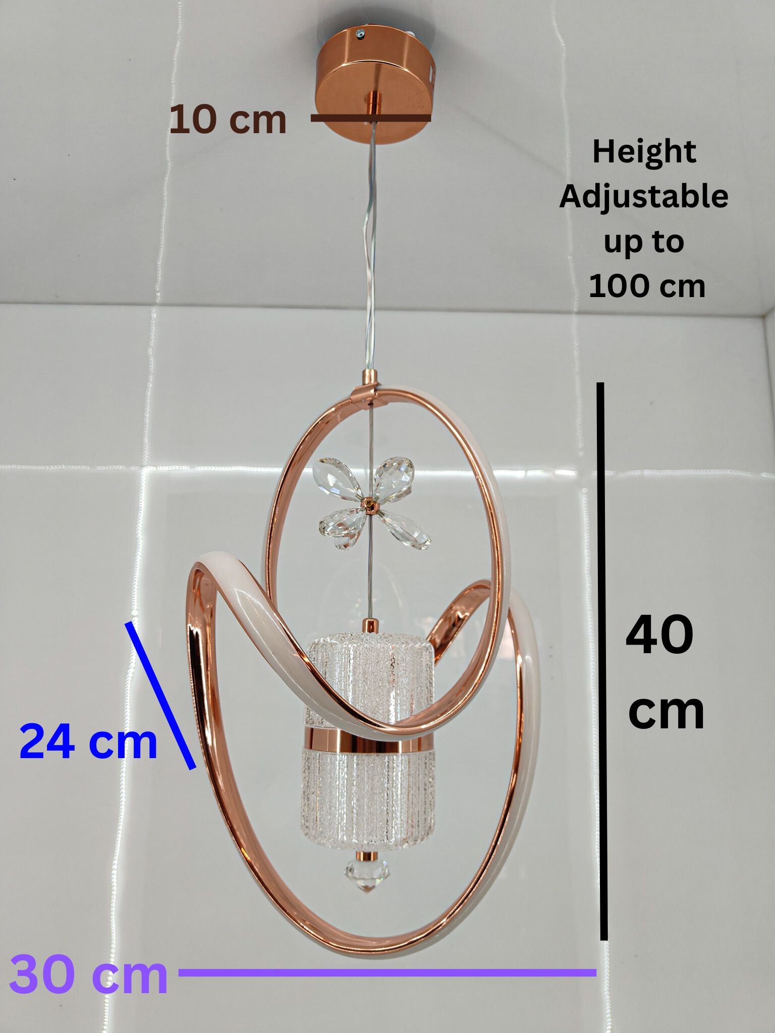 Modern Swanart crystal LED pendant light with rose gold rings, adjustable height, decorative ceiling lamp for living room or bedroom.
