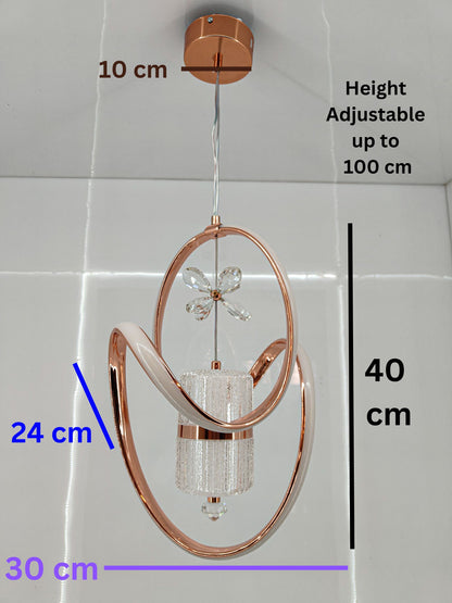 Modern Swanart crystal LED pendant light with rose gold rings, adjustable height, decorative ceiling lamp for living room or bedroom.
