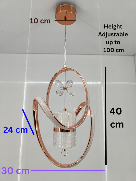 Modern Swanart crystal LED pendant light with rose gold rings, adjustable height, decorative ceiling lamp for living room or bedroom.