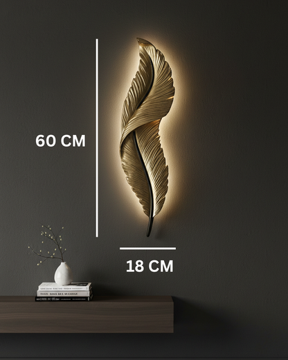 Swanart modern feather LED wall light with golden metal design, warm white ambient lighting, ideal for living room, bedroom, or hallway.
