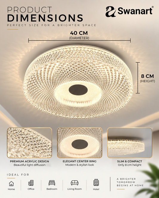 Swanart acrylic fiber LED ceiling light with 3 color change options, round modern design, crystal look for living room or bedroom