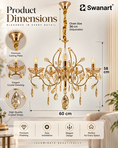 Swanart Crystal Italian chandelier with five bulbs, featuring elegant glass detailing and ornate metal accents for luxurious lighting decor.