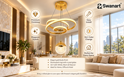 Swanart modern LED ceiling pendant light with crystal ball and spiral design, hanging in an ivory interior setting.