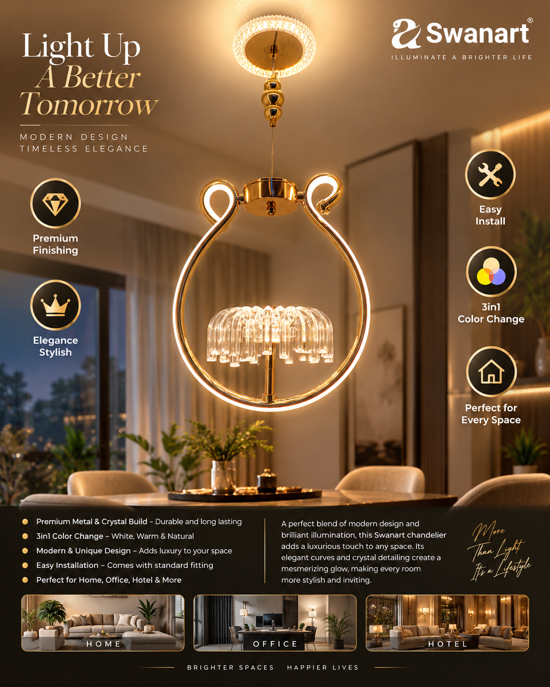 Swanart modern gold halo pendant light with glass rods, LED hanging lamp with adjustable height for dining or living rooms