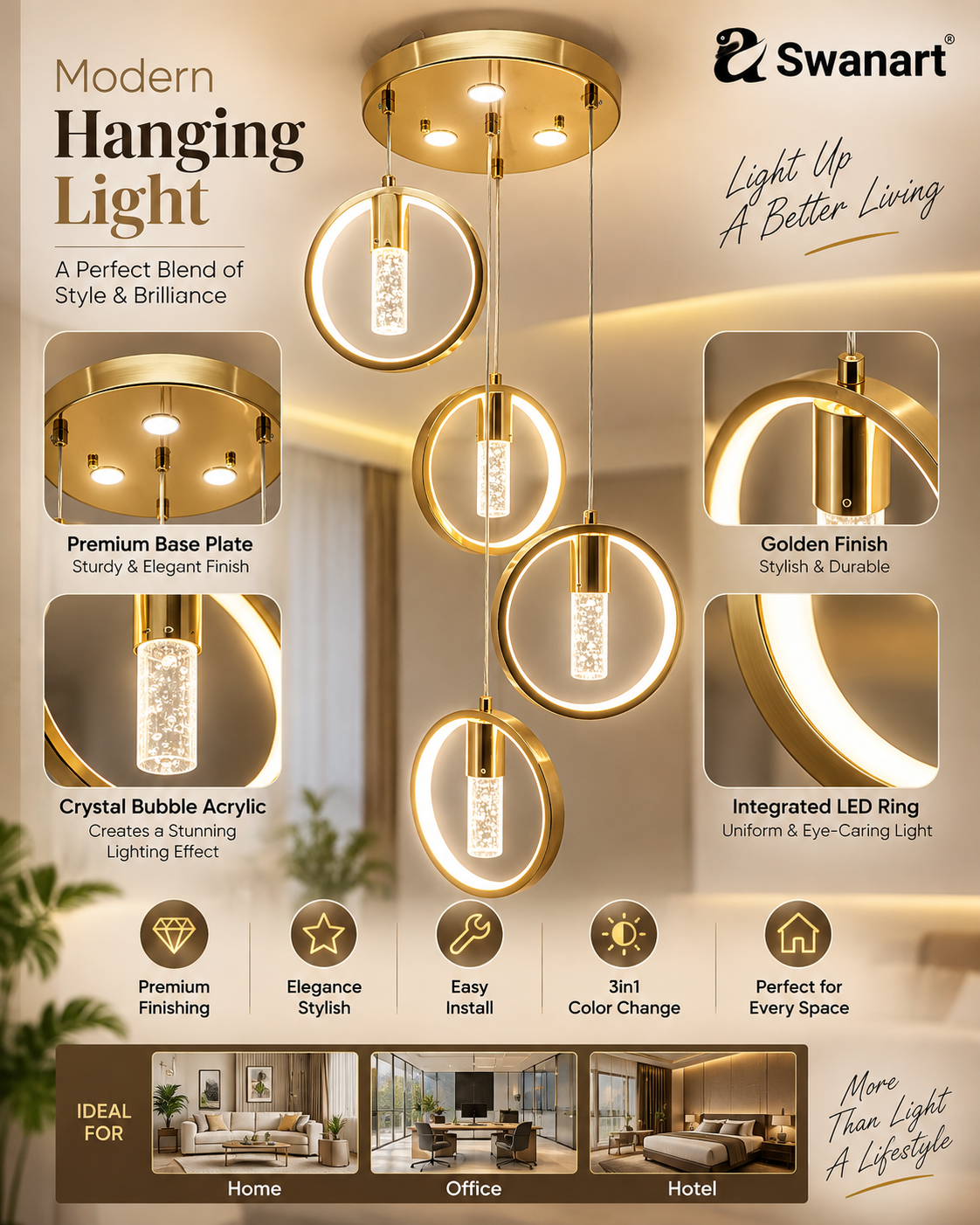 Swanart Radiant Charm crystal gel golden pendant chandelier hanging ceiling light with sparkling crystals for home decor.