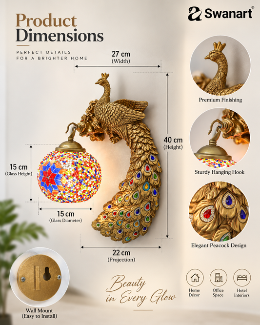 Swanart peacock wall light with mosaic glass shade in golden antique finish, decorative LED night lamp for living rooms and bedrooms