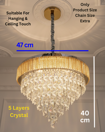 Swanart luxury gold crystal chandelier with five layers and LED lighting, modern round ceiling pendant for living or dining rooms