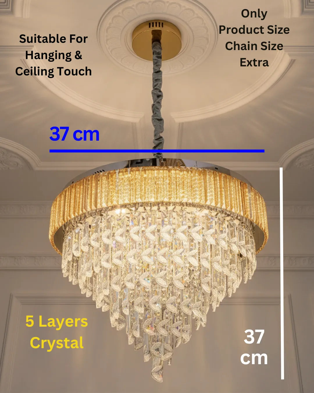 Swanart luxury crystal chandelier with gold finish, 5-layer round design, hanging LED pendant lamp for living and dining rooms