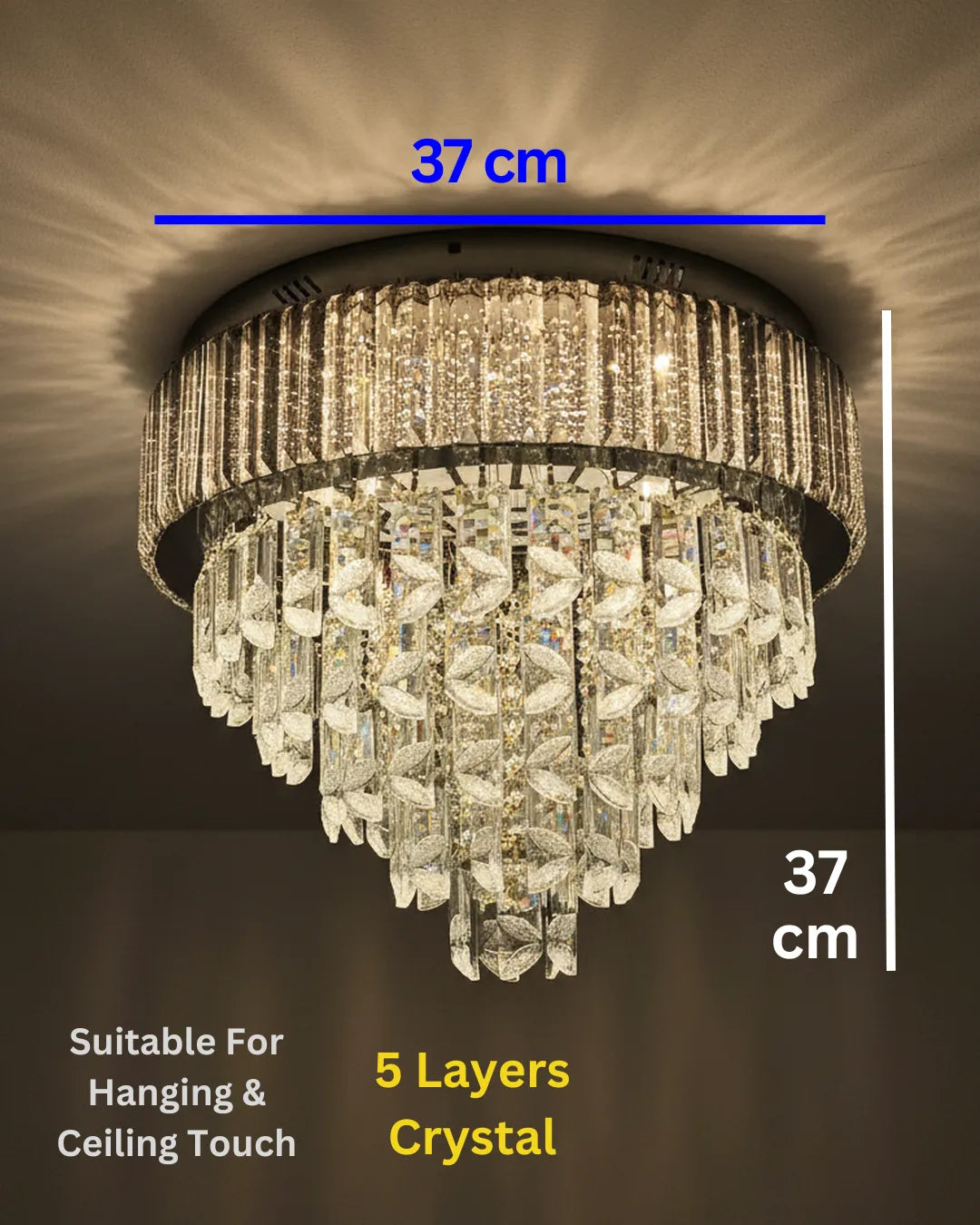 Swanart 5-layer crystal chandelier ceiling light with LED, 37 cm modern luxury hanging and flush mount fixture for living and dining rooms