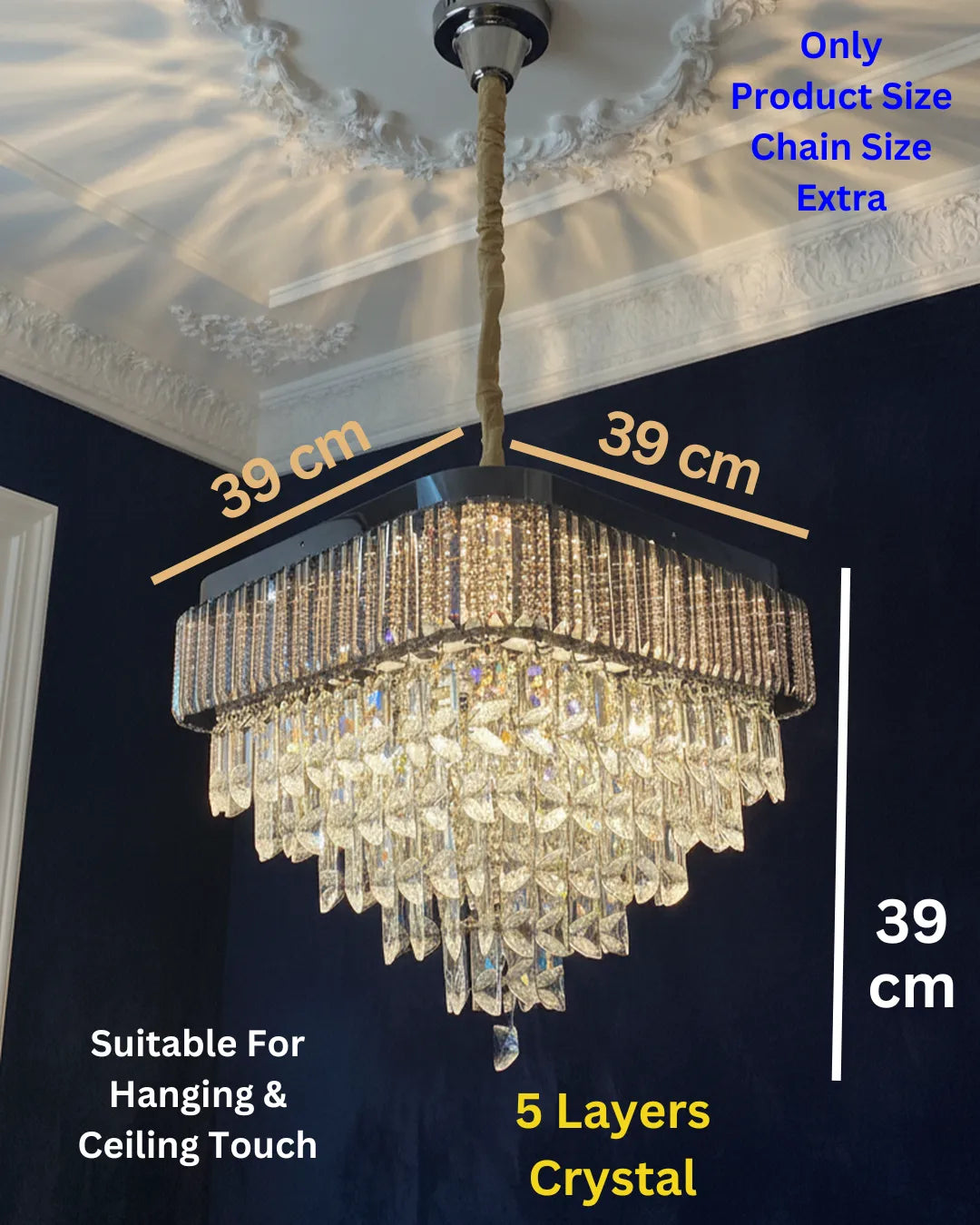 Swanart luxury crystal chandelier with gold finish, square modern design, multi-layer hanging crystal pendants for living or dining rooms