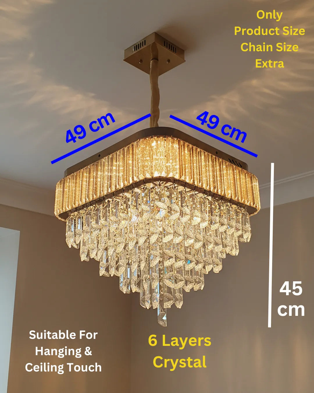 Swanart modern gold crystal chandelier hanging from ceiling, square design with LED lights, suitable for living room or dining area.