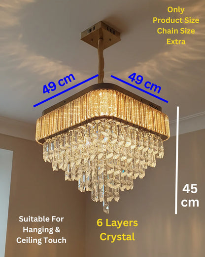 Swanart modern gold crystal chandelier hanging from ceiling, square design with LED lights, suitable for living room or dining area.