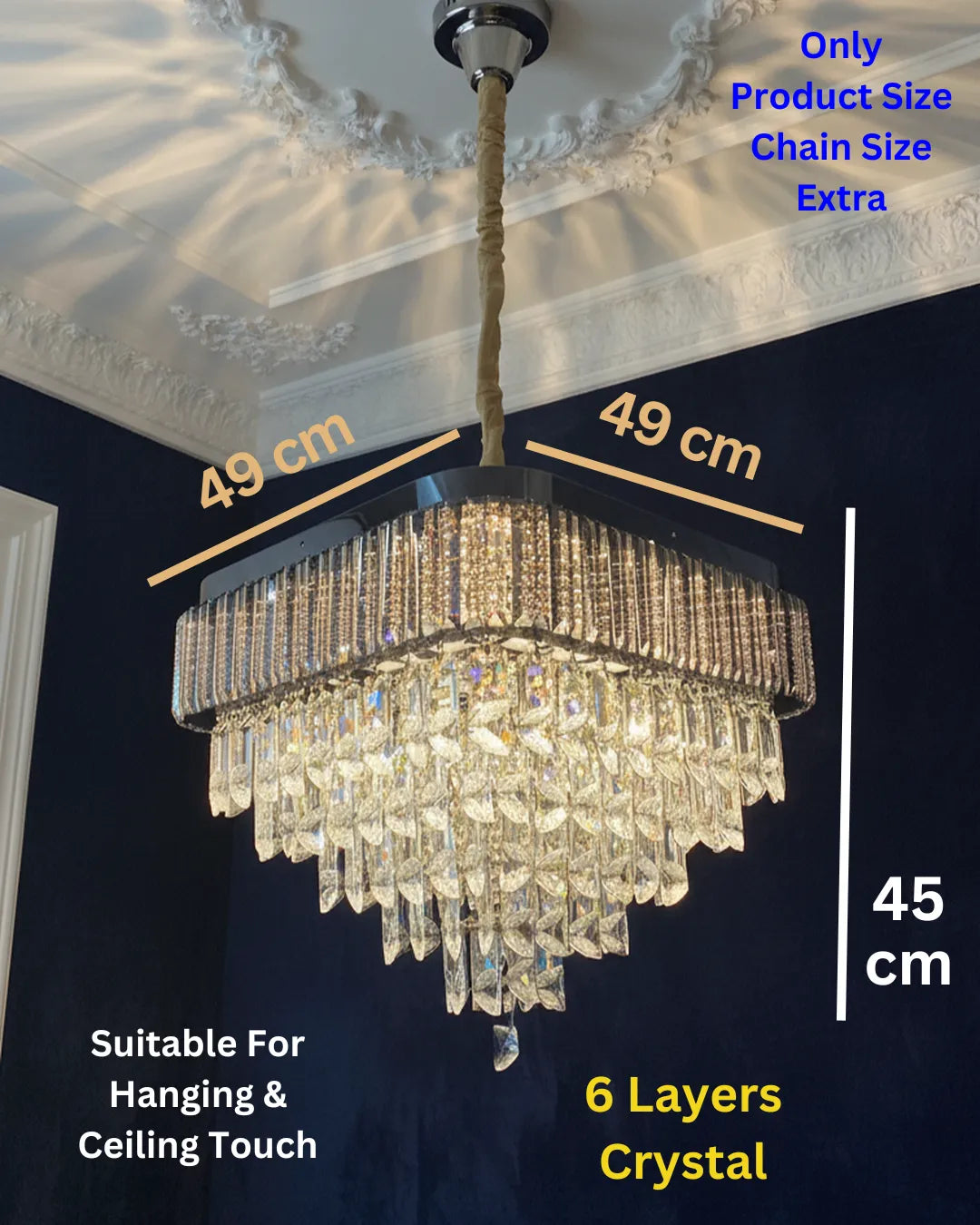 Swanart luxury crystal chandelier with square gold frame and multi-layer crystal pendants hanging from ceiling light fixture in modern style.