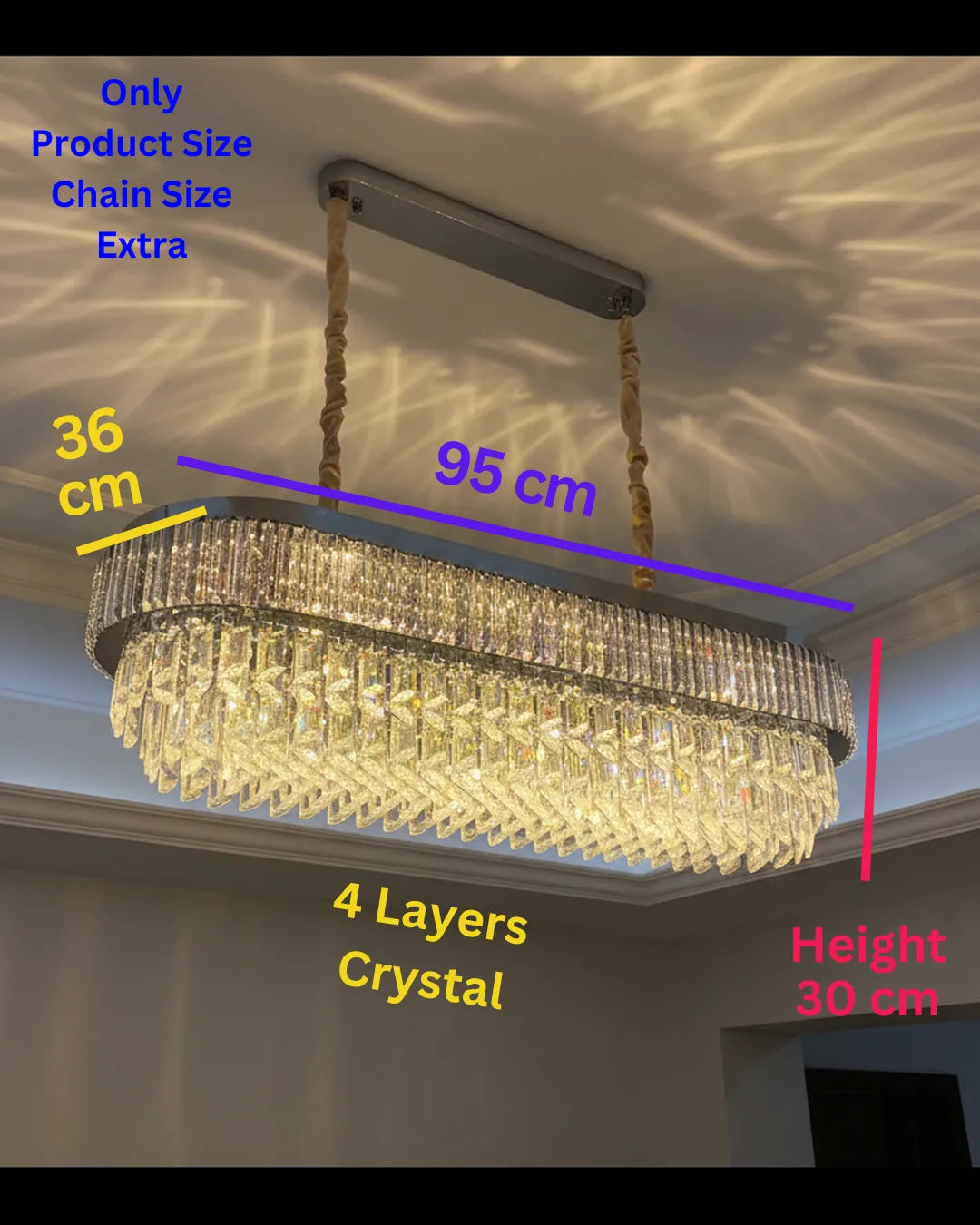 Swanart luxury 4-layer crystal chandelier with rectangular modern LED ceiling light, perfect for dining, living, or bedroom decor.