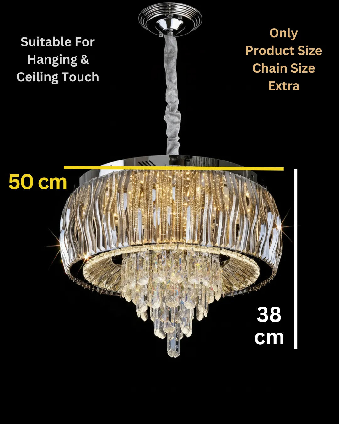 Swanart luxury crystal chandelier with gold drum design and LED lighting, hanging pendant for living, dining, or bedroom decor.