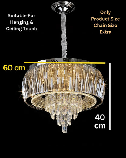 Elegant Swanart luxury crystal chandelier with gold drum design, hanging crystal accents, modern ceiling light for living, dining, or bedroom