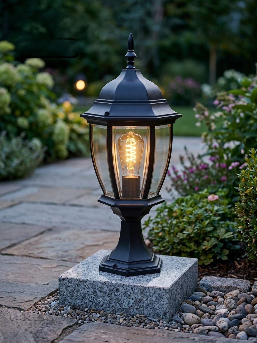 Swanart Outdoor Gate Light Lamp Post Light, Waterproof Exterior Garden Pillar Light, E27 Base Outdoor Lantern, Black Aluminum Glass Landscape Fence Column Light for Villa Patio Balcony Entrance