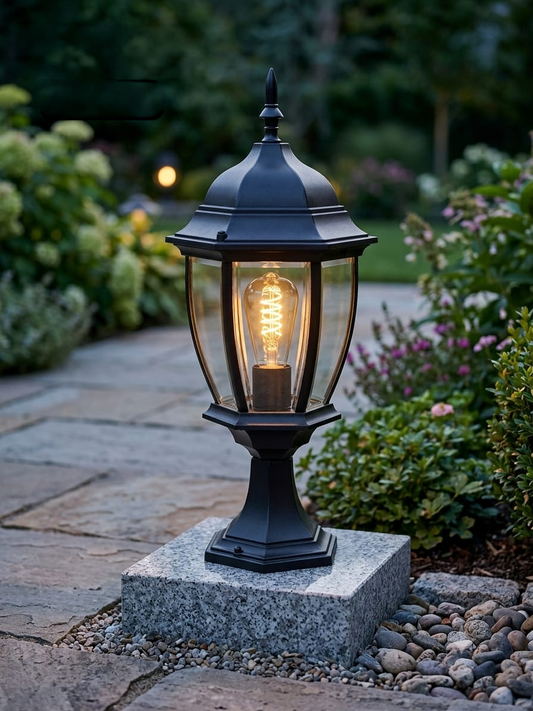 Swanart Outdoor Gate Light Lamp Post Light, Waterproof Exterior Garden Pillar Light, E27 Base Outdoor Lantern, Black Aluminum Glass Landscape Fence Column Light for Villa Patio Balcony Entrance