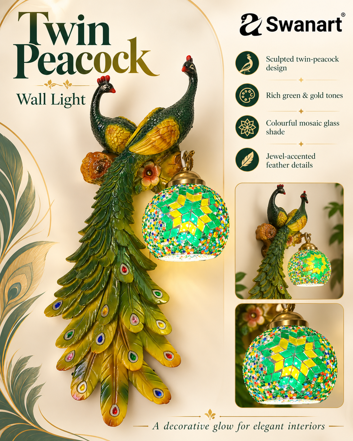 Swanart Twin Peacock Mosaic Glow Wall Light – A Beautiful Combination of Art, Nature and Elegant Lighting