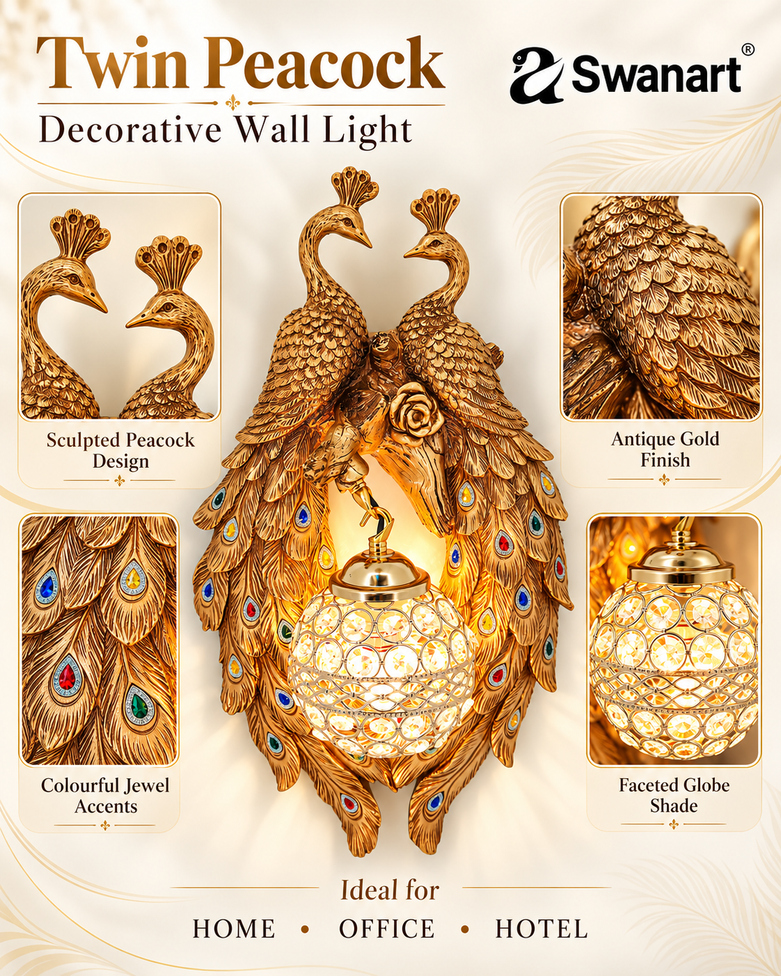 Exquisite Peacock Wall Sconce Royal Crystal Lighting - Swanart