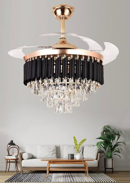 Swanart Modern Crystal Chandelier Fan with Retractable Blades, LED Ceiling Fan Light, Rose Gold Finish, Luxury Crystal Ceiling Light with Fan for Living Room Bedroom
