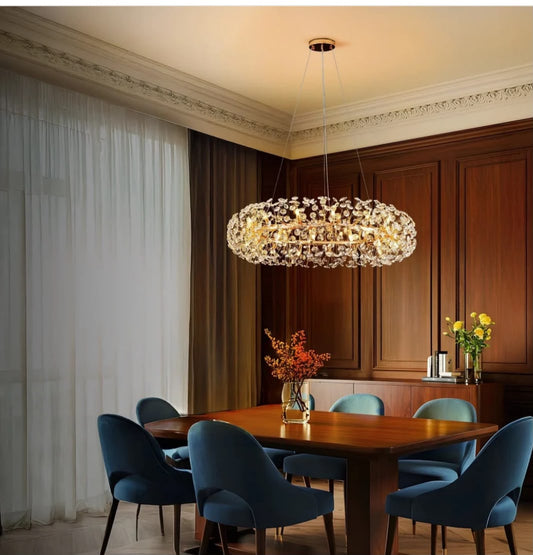 Swanart modern crystal chandelier with gold finish, hanging LED pendant light ideal for living room, dining, hall, kitchen, or bedroom.