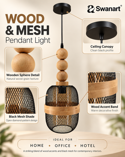 Swanart Modern Wooden Mesh Pendant Light, Decorative Hanging Light with Black Metal Cage Shade, Rustic Ceiling Lamp for Dining Room, Kitchen Island, Living Room, Pendant Light Fixture