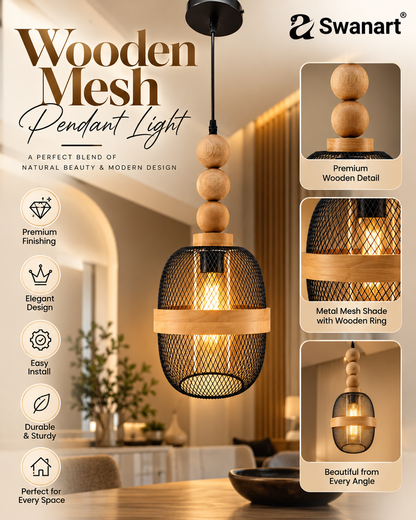 Swanart Modern Wooden Mesh Pendant Light, Decorative Hanging Light with Black Metal Cage Shade, Rustic Ceiling Lamp for Dining Room, Kitchen Island, Living Room, Pendant Light Fixture