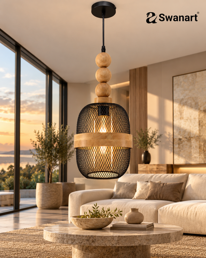 Swanart Modern Wooden Mesh Pendant Light, Decorative Hanging Light with Black Metal Cage Shade, Rustic Ceiling Lamp for Dining Room, Kitchen Island, Living Room, Pendant Light Fixture
