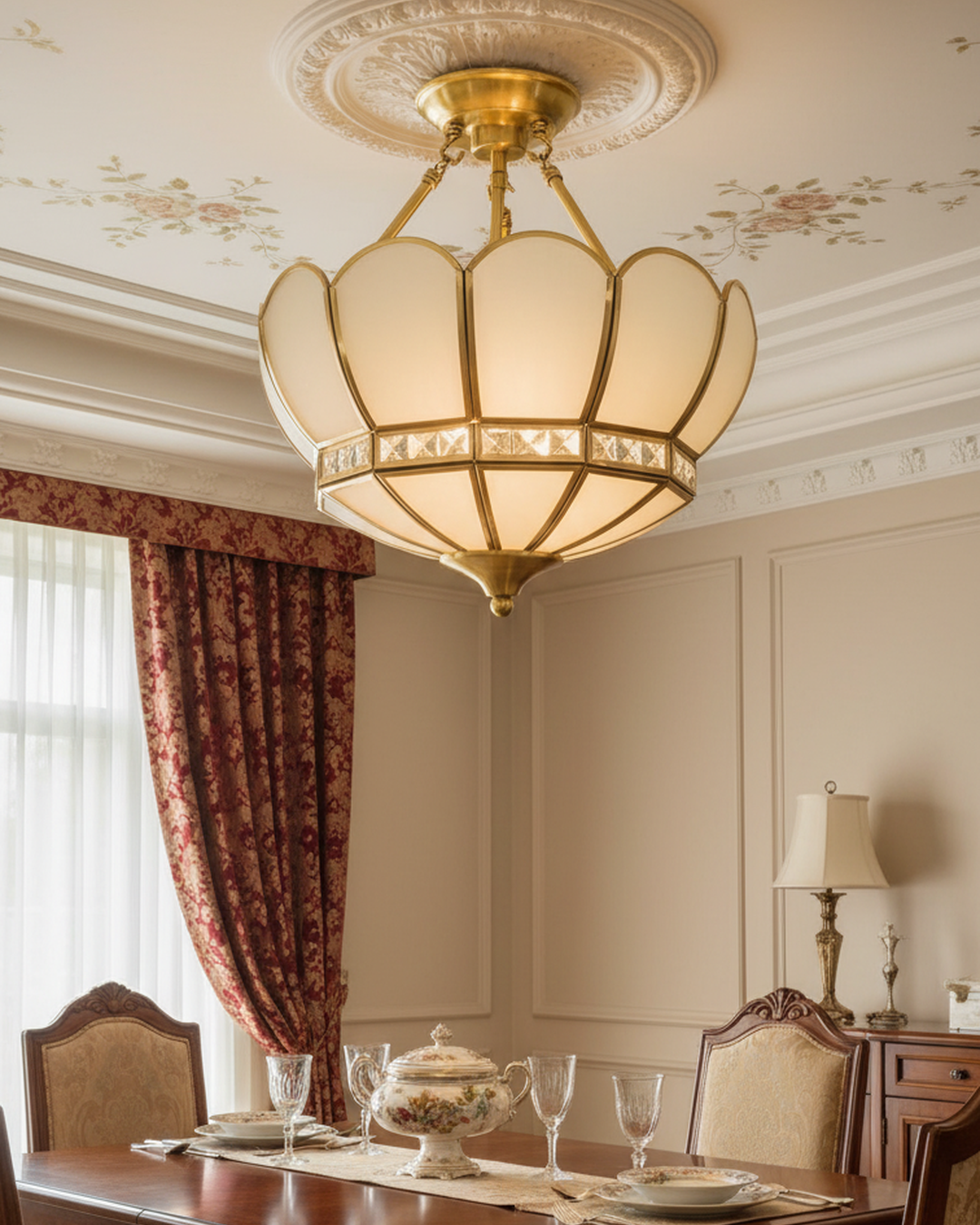 Swanart vintage lotus glass semi-flush ceiling light with decorative semi-flush mount and elegant floral design.