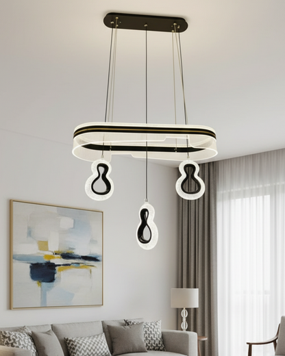 Modern Swanart LED pendant chandelier with black and gold acrylic finish, adjustable hanging ceiling light for living rooms and dining areas.