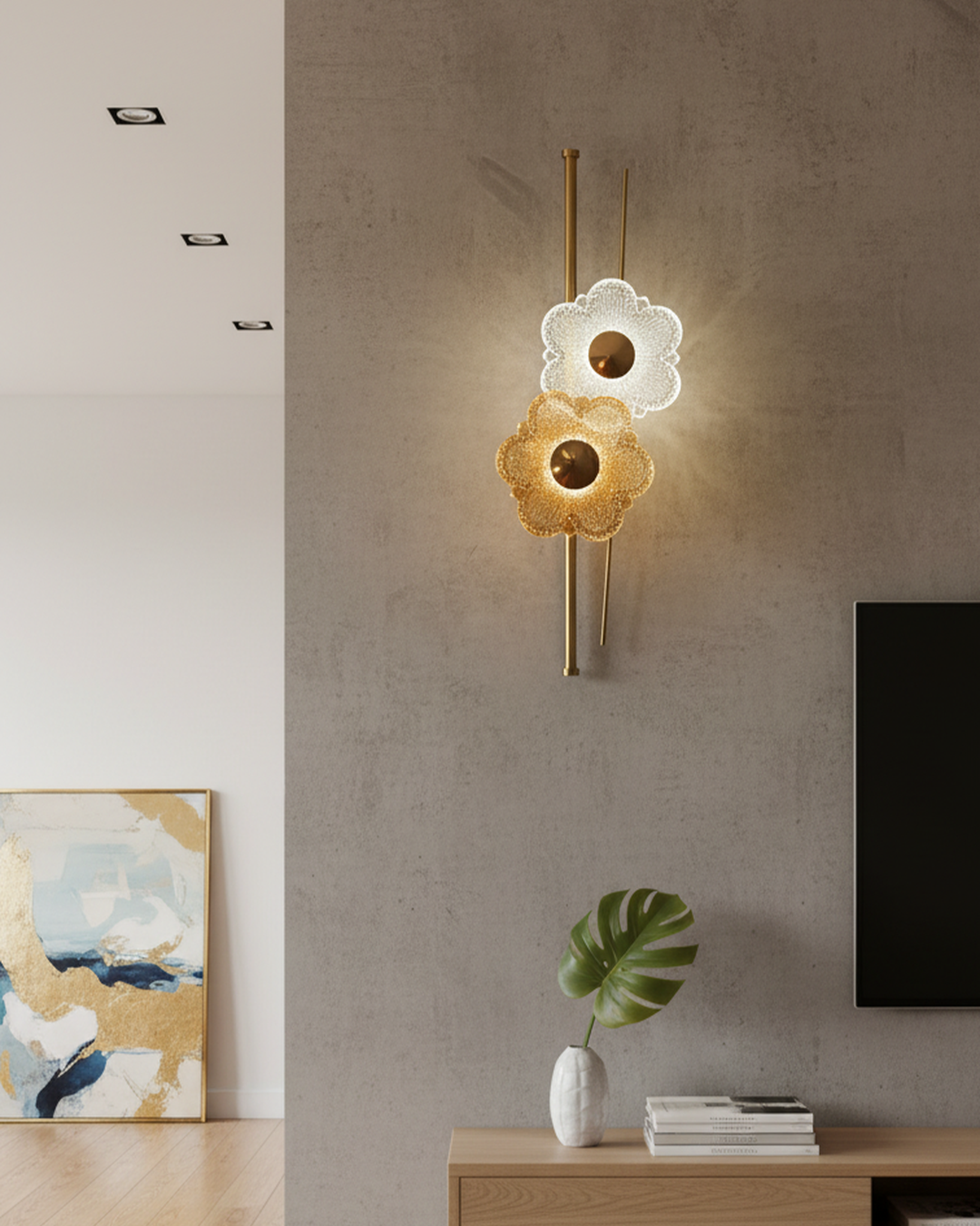 Swanart modern flower crystal wall light with gold finish, decorative glass flower LED sconce for living room, bedroom, or hallway decor