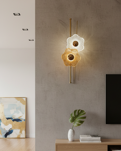 Swanart modern flower crystal wall light with gold finish, decorative glass flower LED sconce for living room, bedroom, or hallway decor
