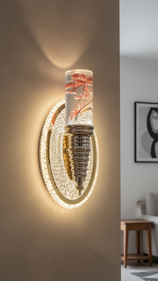 Swanart Wall Light 7049 featuring a sleek, modern design with a curved metal arm and frosted glass shade for ambient lighting.