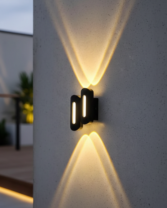 Swanart LED indoor and outdoor wall light with 2 upward and 2 downward warm white illumination, shockproof aluminum body.