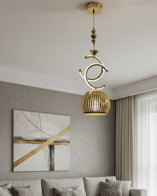 Swanart modern gold pendant light hanging from ceiling, decorative LED chandelier for living room, bedroom, dining, or kitchen lighting.