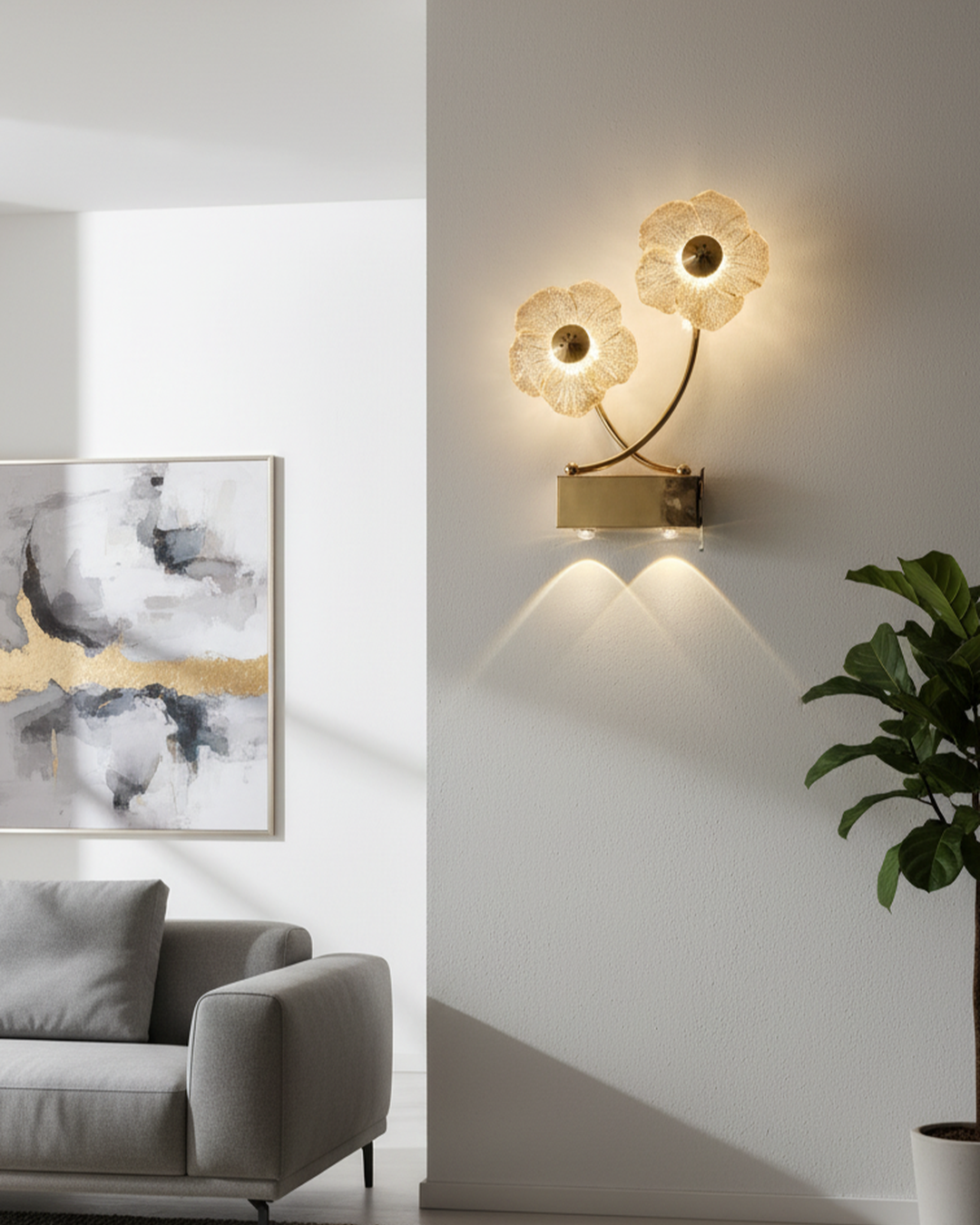 Swanart modern flower LED wall light with dual crystal petals, gold finish, warm downlight, ideal for living room, bedroom, or hallway decor.