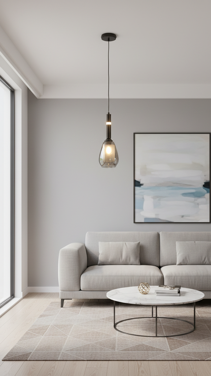 Swanart modern pendant light with smoked glass shade hanging from ceiling, suitable for kitchen, dining room, or bedroom decor.