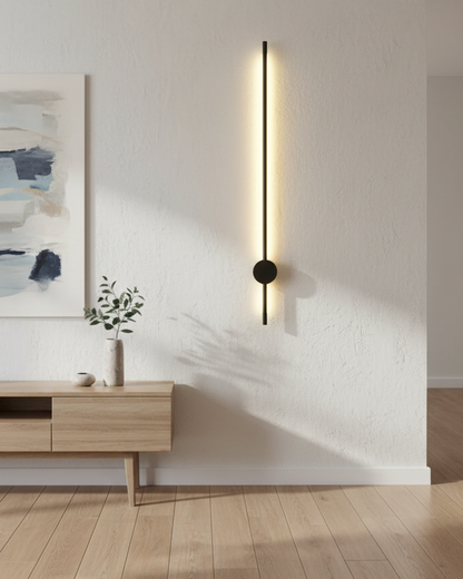 Swanart modern LED wall sconce in black and gold, 60cm tall with warm white ambient lighting, minimalist decorative lamp for indoor spaces