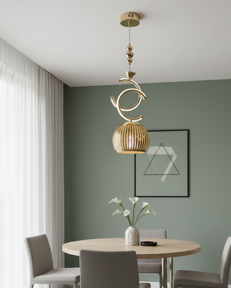 Swanart modern gold pendant light hanging in a living room, designer LED ceiling lamp with a sleek, contemporary design.