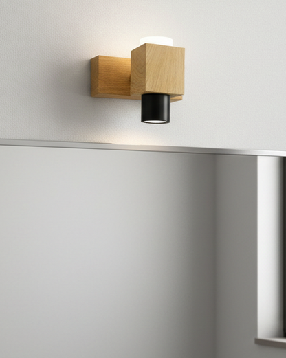 Swanart modern wooden LED wall light sconce with minimalist up-down design, warm white indoor decorative wall fixture for bedroom or living room.