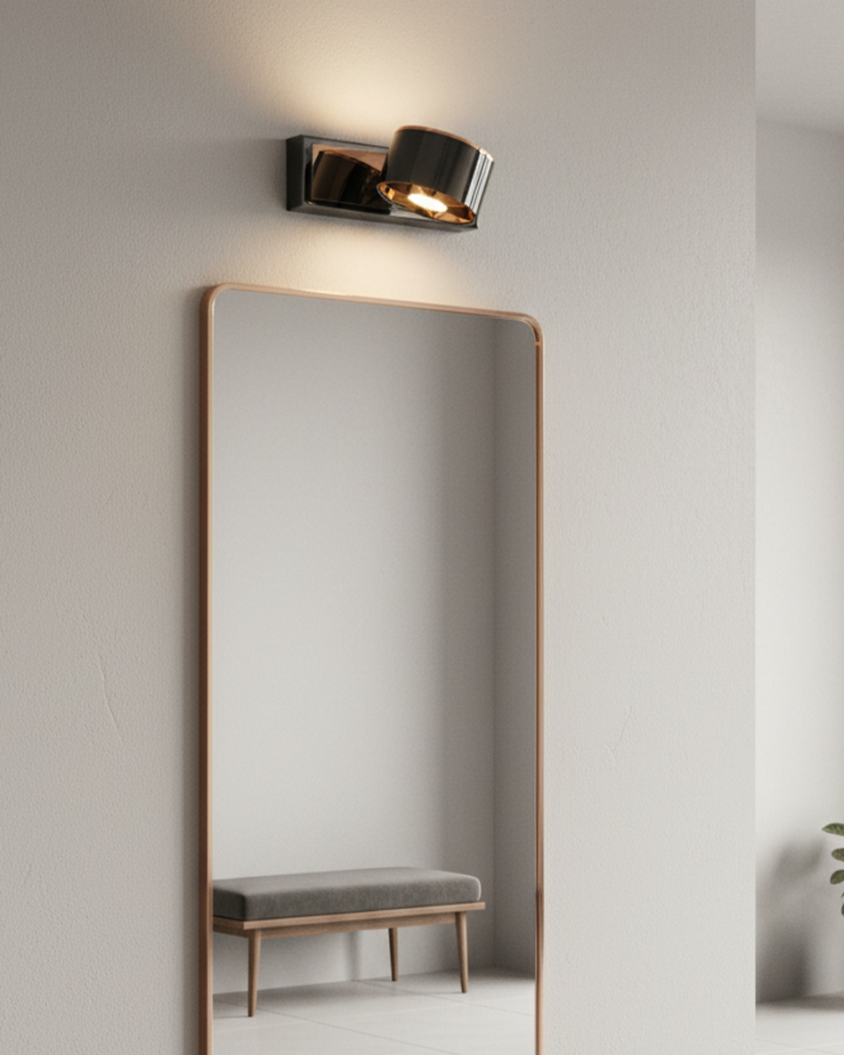 Swanart modern black and rose gold wall sconce with adjustable LED light and rotatable head, ideal for living room, bedroom, or office.