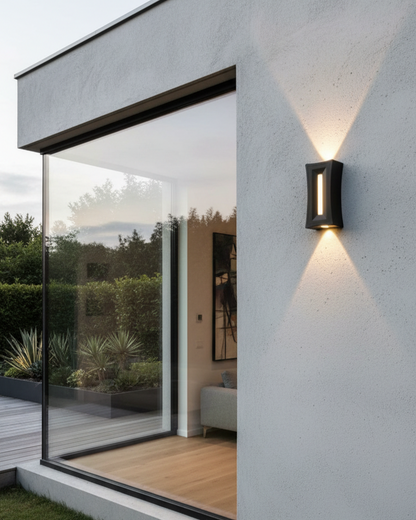 Modern black Swanart outdoor LED wall light mounted on exterior wall, energy-efficient exterior lighting fixture with sleek design