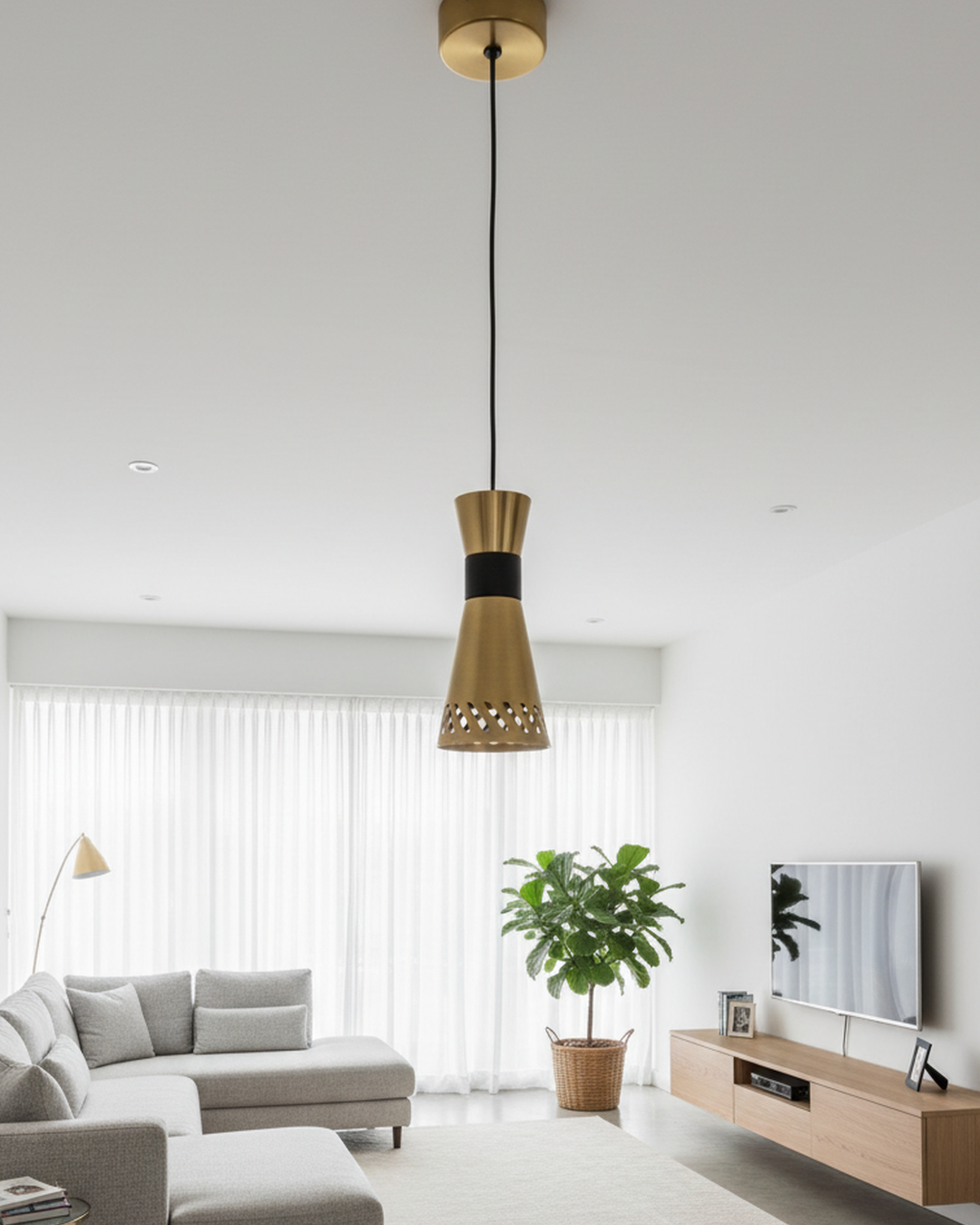 Swanart modern pendant light with gold and black finish, metal hanging ceiling lamp for kitchen island or dining room lighting.