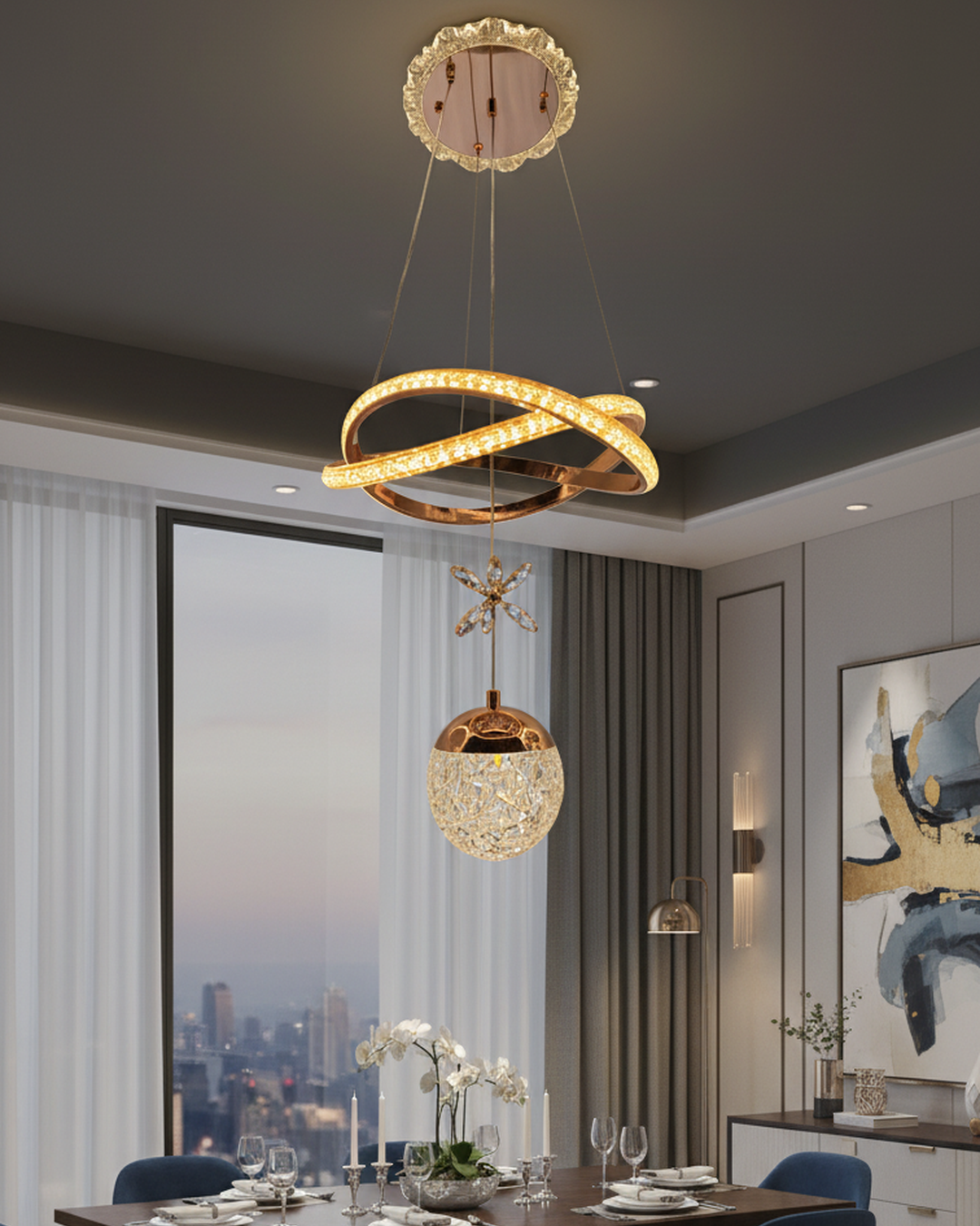 Swanart Modern LED Ring Crystal Chandelier Pendant Light with Warm White Lighting, Gold Finish Hanging Ceiling Light for Living Room, Dining Room & Bedroom Luxury Home Décor - Swanart