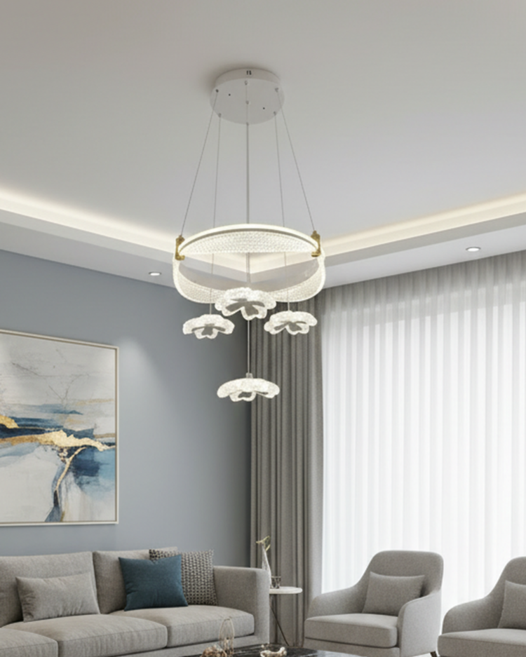 Swanart modern crystal flower ring chandelier LED pendant light hanging in a contemporary living room decor with elegant design.