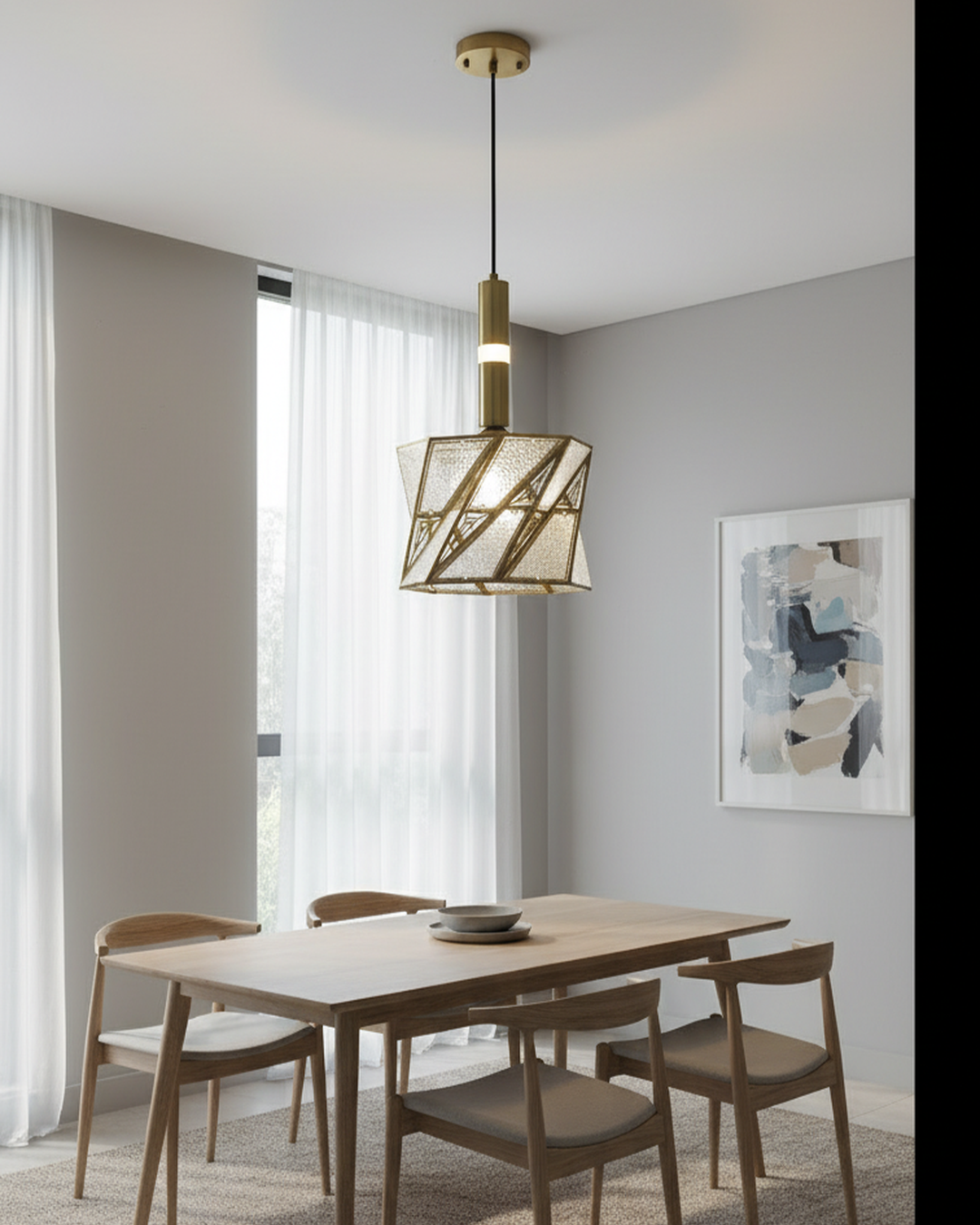 Swanart modern gold pendant light with geometric glass design hanging in a contemporary dining room ceiling fixture