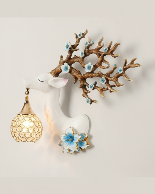 Swanart Deerora majestic deer antler wall sconce with crystal lamp, elegant LED home decor lighting for living room, bedroom, or hallway.